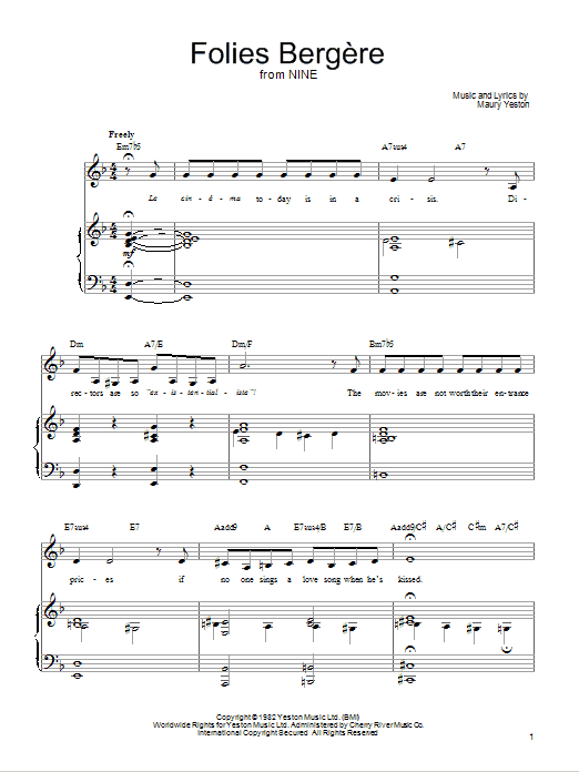 Maury Yeston Folies Bergere sheet music notes and chords arranged for Piano, Vocal & Guitar Chords (Right-Hand Melody)