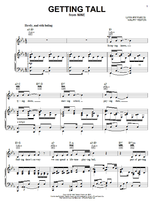 Maury Yeston Getting Tall sheet music notes and chords arranged for Piano, Vocal & Guitar Chords (Right-Hand Melody)