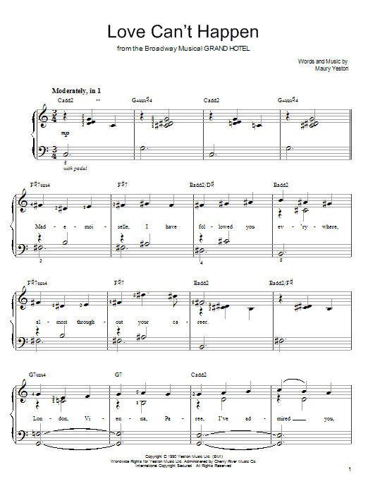 Maury Yeston Love Can't Happen (from Grand Hotel: The Musical) sheet music notes and chords arranged for Piano, Vocal & Guitar Chords (Right-Hand Melody)
