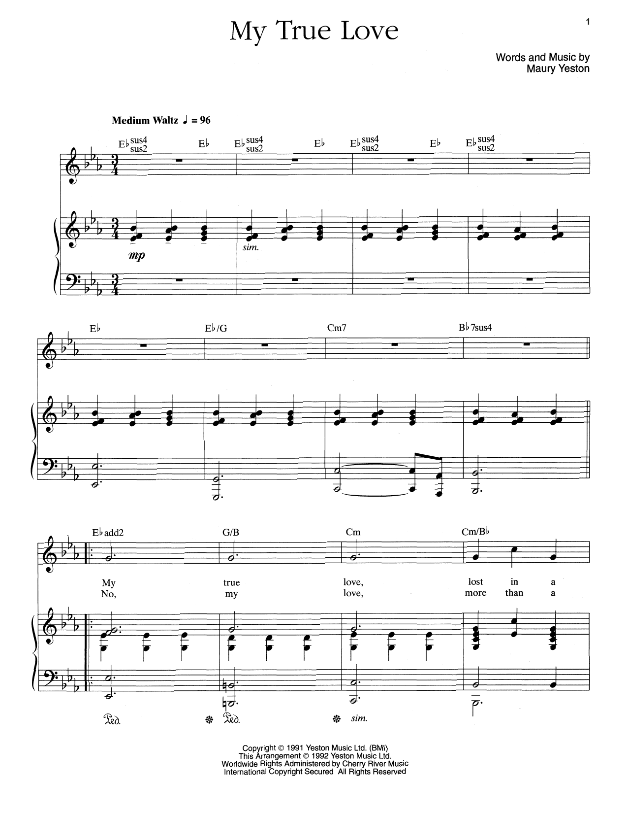 Maury Yeston My True Love sheet music notes and chords arranged for Piano & Vocal