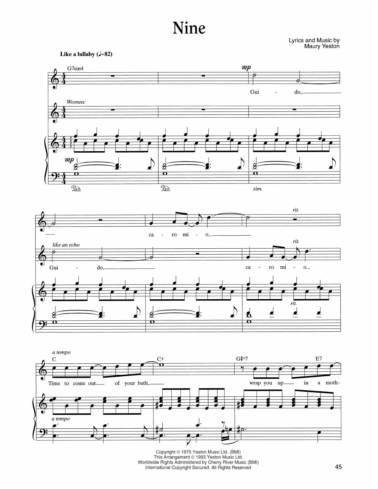 Maury Yeston Nine (from Nine) sheet music notes and chords arranged for Piano, Vocal & Guitar Chords (Right-Hand Melody)