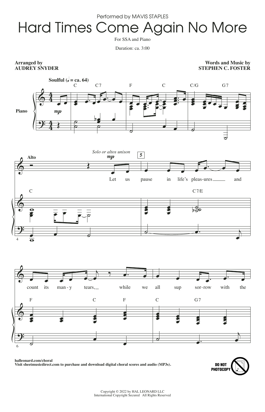 Mavis Staples Hard Times Come Again No More (arr. Audrey Snyder) sheet music notes and chords arranged for SSA Choir