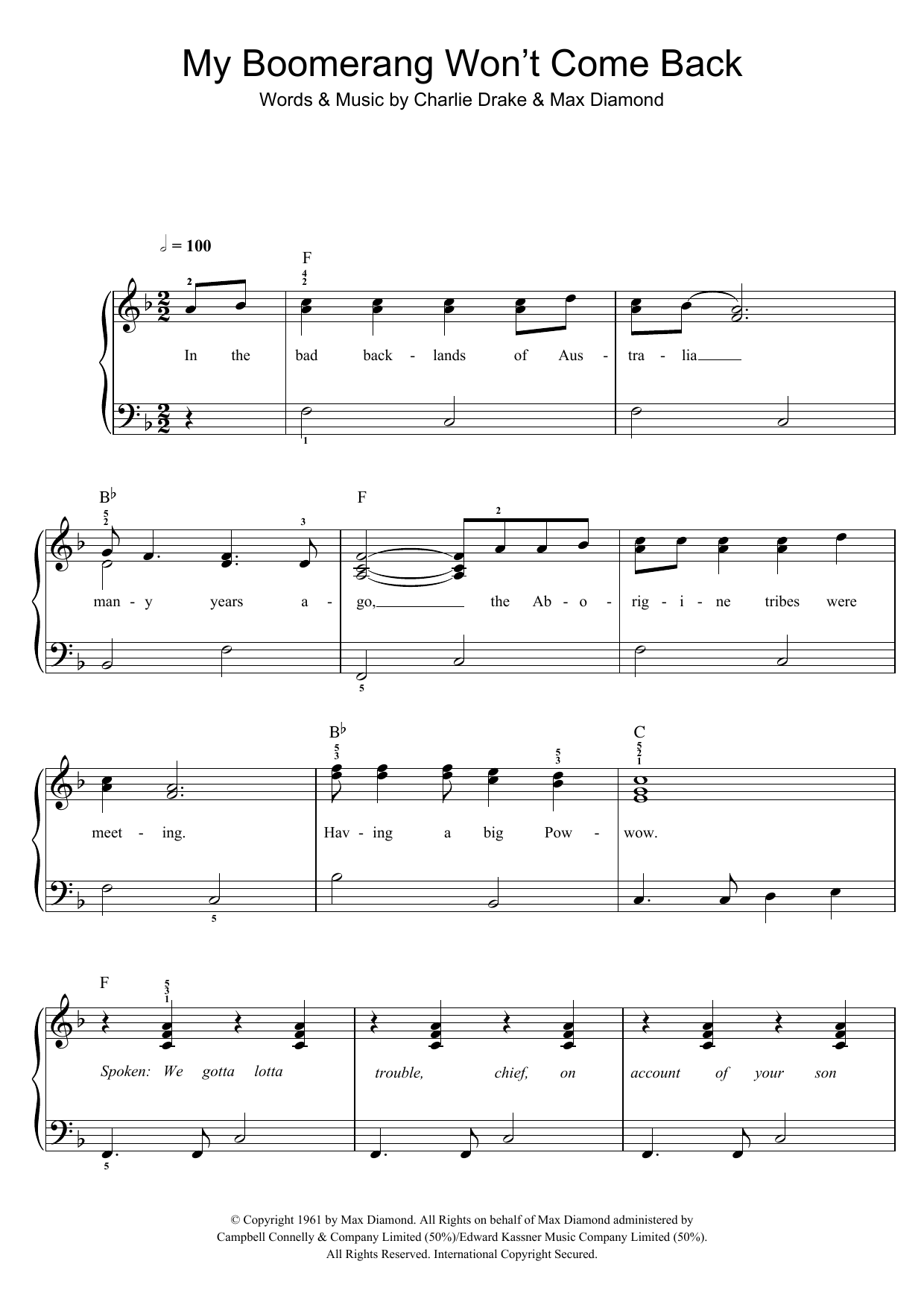 Charlie Drake My Boomerang Won't Come Back sheet music notes and chords arranged for Easy Piano