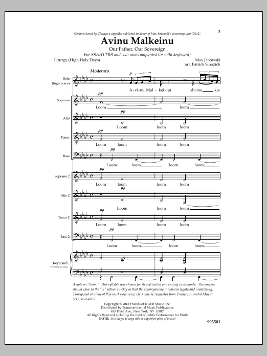 Max Janowski Avinu Malkeinu sheet music notes and chords arranged for SSAATTBB Choir