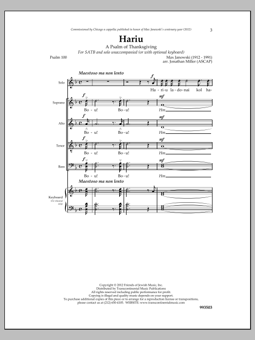 Max Janowski Hariu sheet music notes and chords arranged for SATB Choir