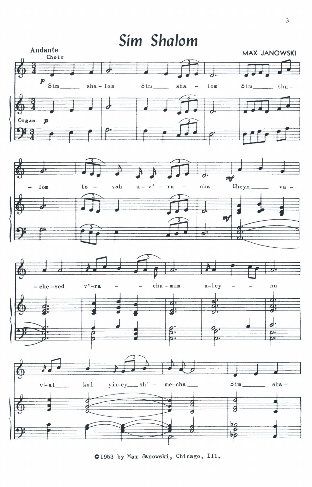 Max Janowski Sim Shalom (Grant Us Peace) sheet music notes and chords arranged for SATB Choir