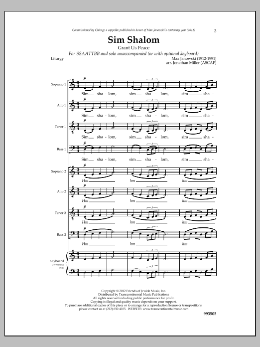 Max Janowski Sim Shalom sheet music notes and chords arranged for SSAATTBB Choir