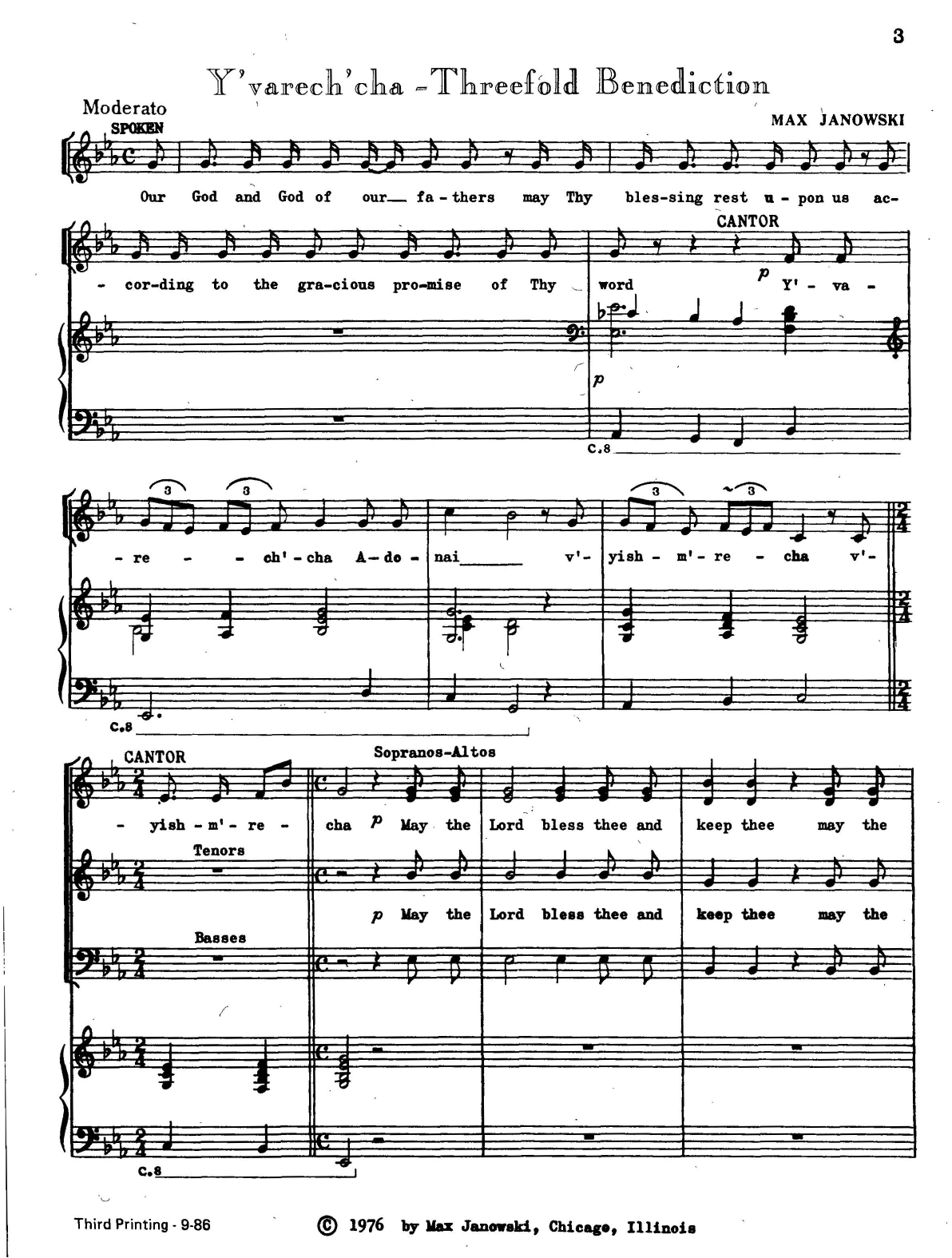 Max Janowski Y'varech'cha (Threefold Benediction) sheet music notes and chords arranged for SATB Choir