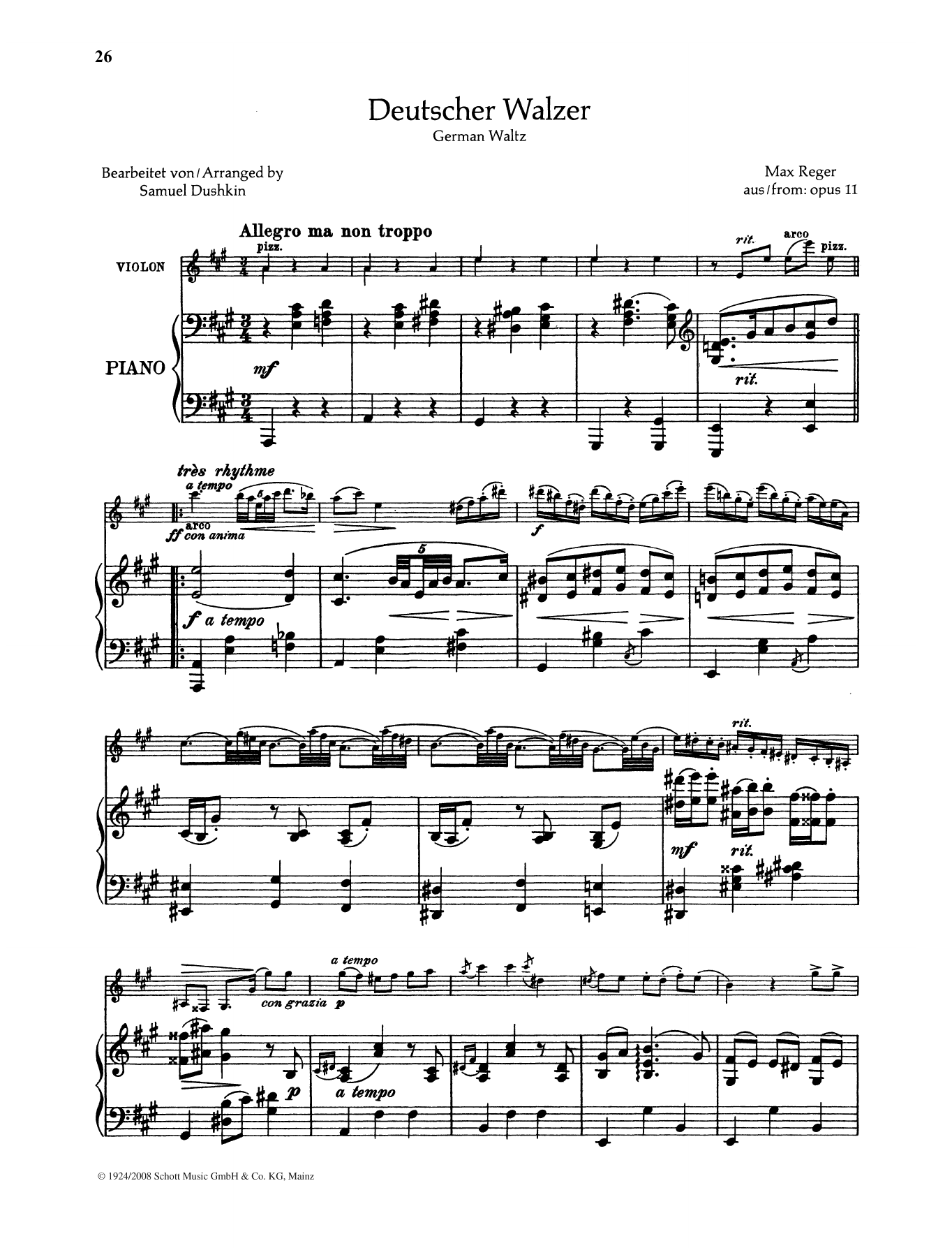 Max Reger Deutscher Walzer sheet music notes and chords arranged for String Solo