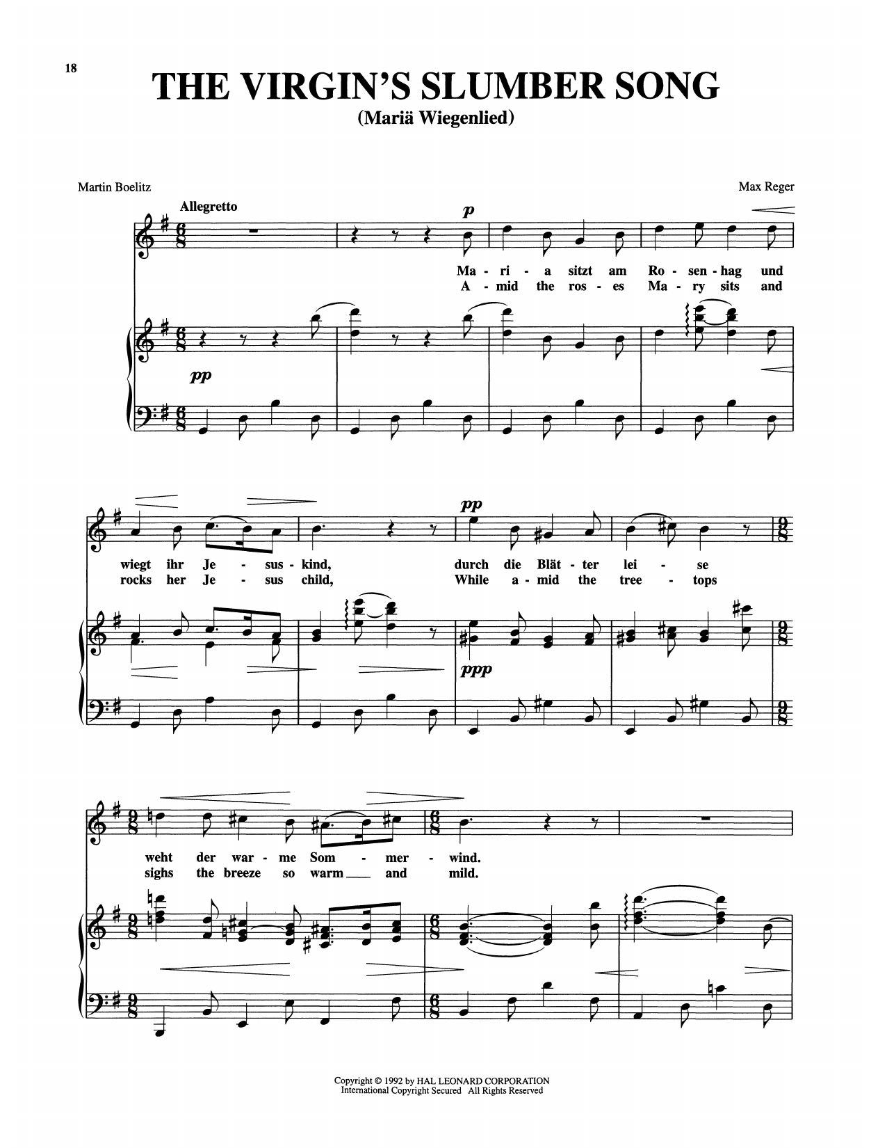 Max Reger Maria Wiegenlied (The Virgin's Slumber Song) sheet music notes and chords arranged for Piano & Vocal