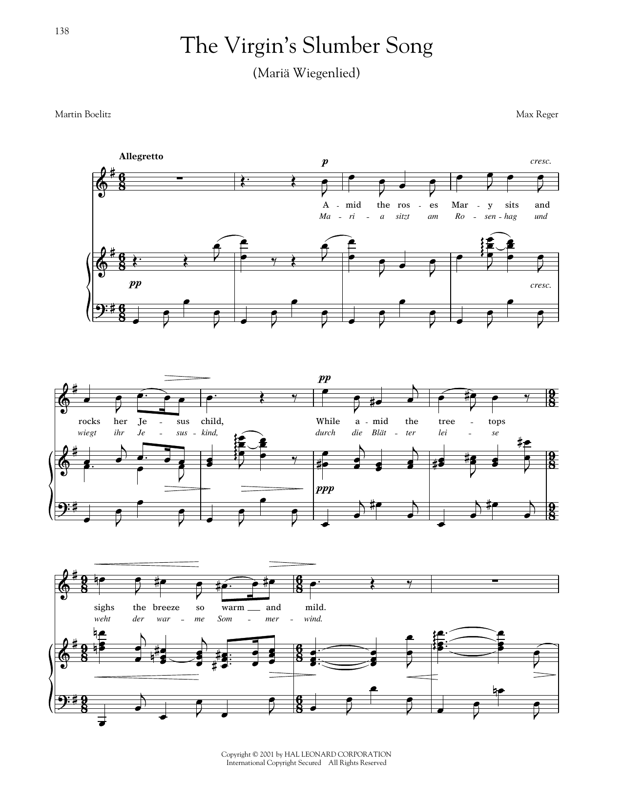 Max Reger Mariä Wiegenlied (The Virgin's Slumber Song) (Reger) sheet music notes and chords arranged for Piano & Vocal