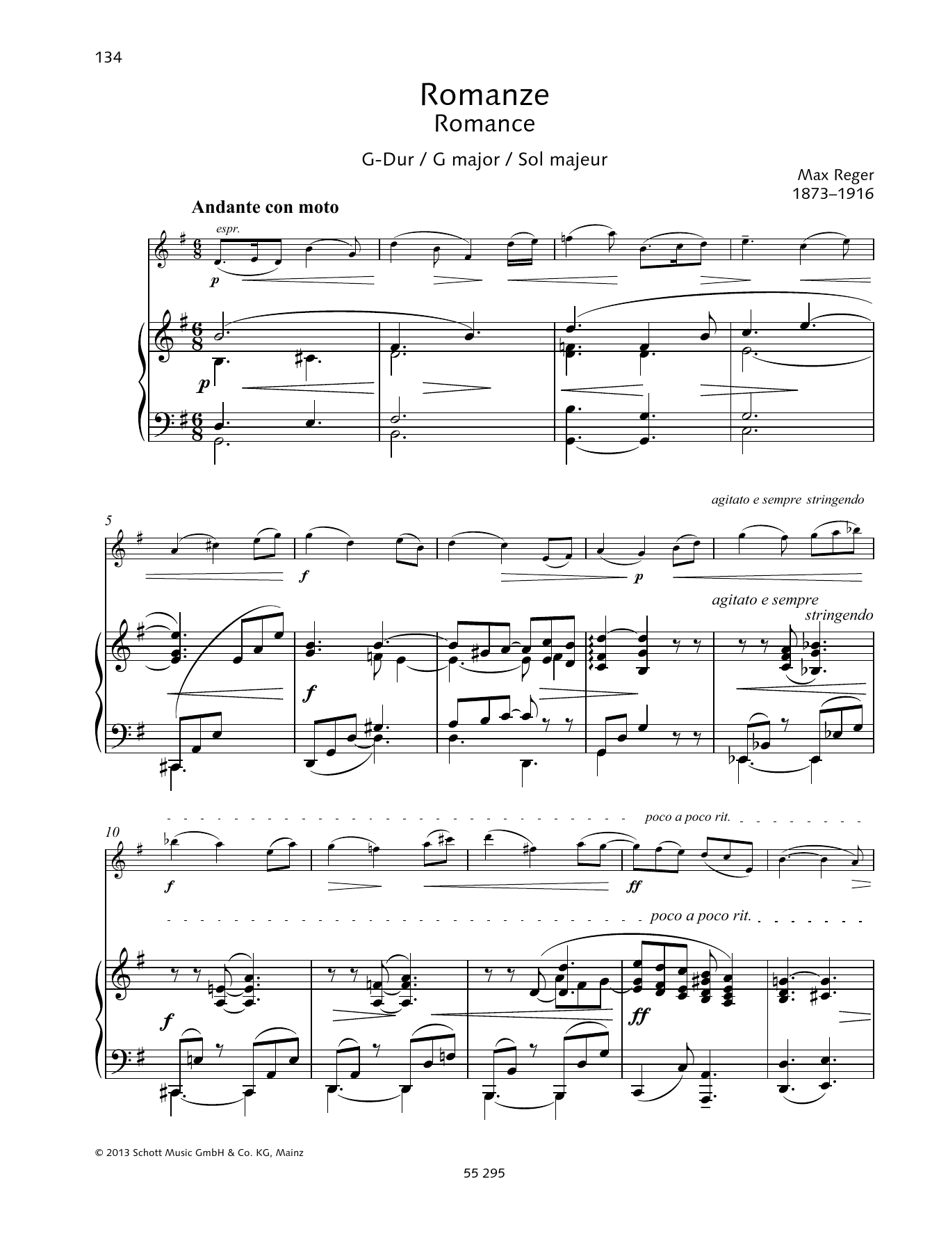 Max Reger Romance G major sheet music notes and chords arranged for String Solo