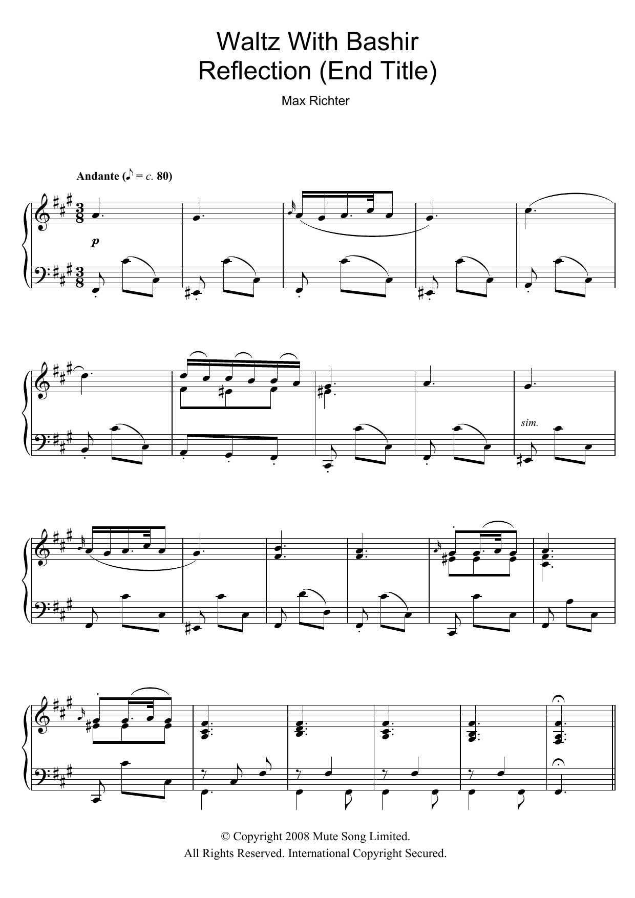 Max Richter Andante / Reflection (after Schubert D.959) (End Title from Waltz With Bashir) sheet music notes and chords arranged for Piano Solo