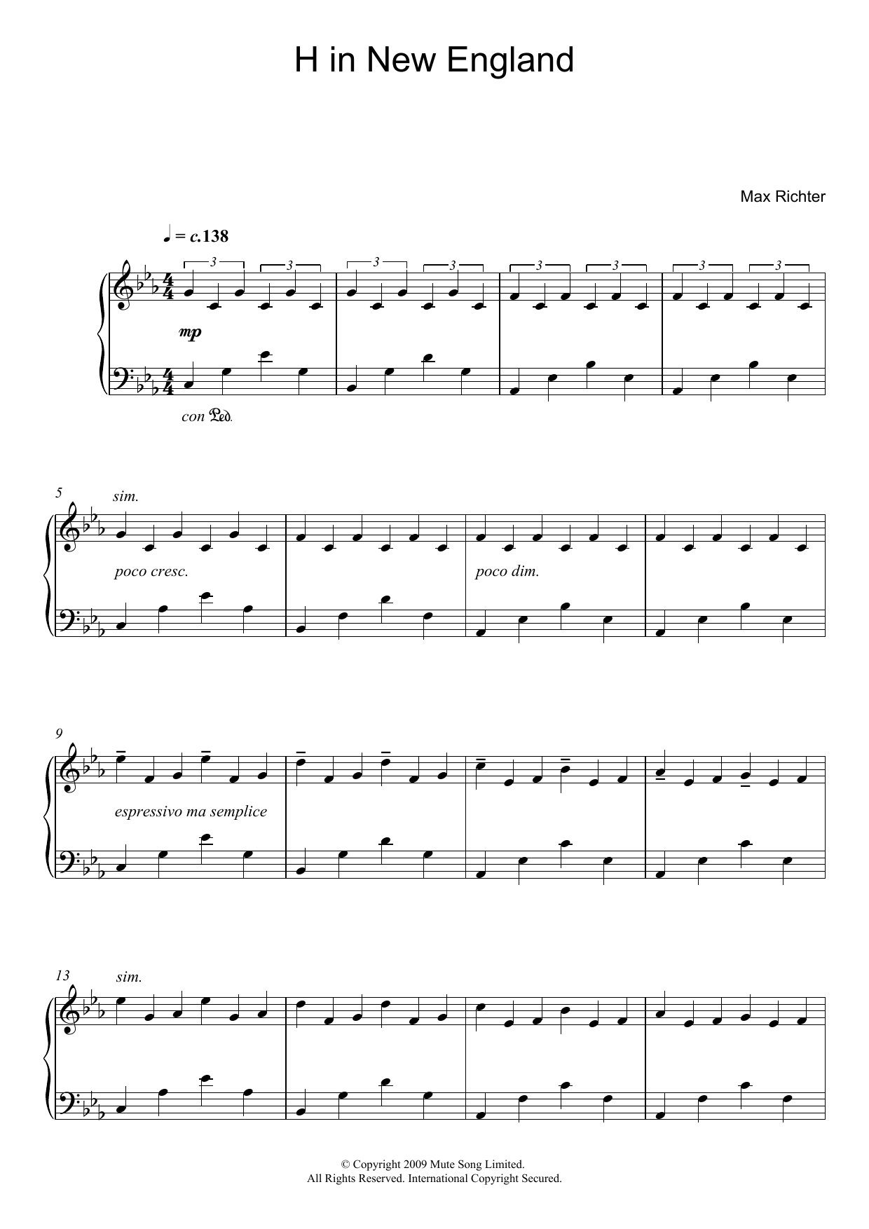 Max Richter H In New England sheet music notes and chords arranged for Piano Solo