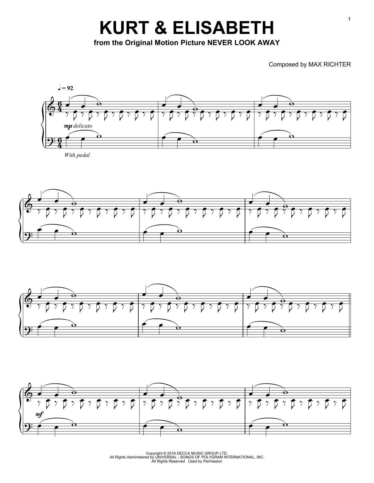 Max Richter Kurt & Elisabeth (from Never Look Away) sheet music notes and chords arranged for Piano Solo
