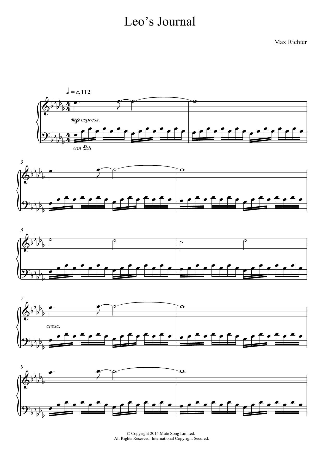 Max Richter Leo sheet music notes and chords arranged for Piano Solo