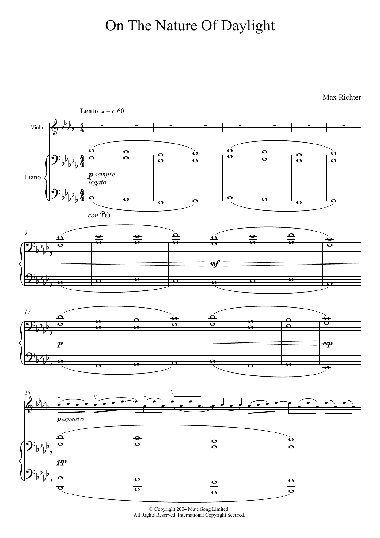 Max Richter On The Nature Of Daylight sheet music notes and chords arranged for Violin Solo