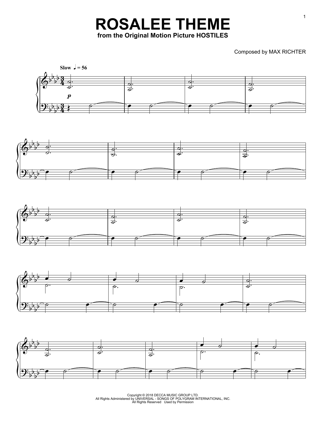 Max Richter Rosalee Theme (from Hostiles) sheet music notes and chords arranged for Piano Solo