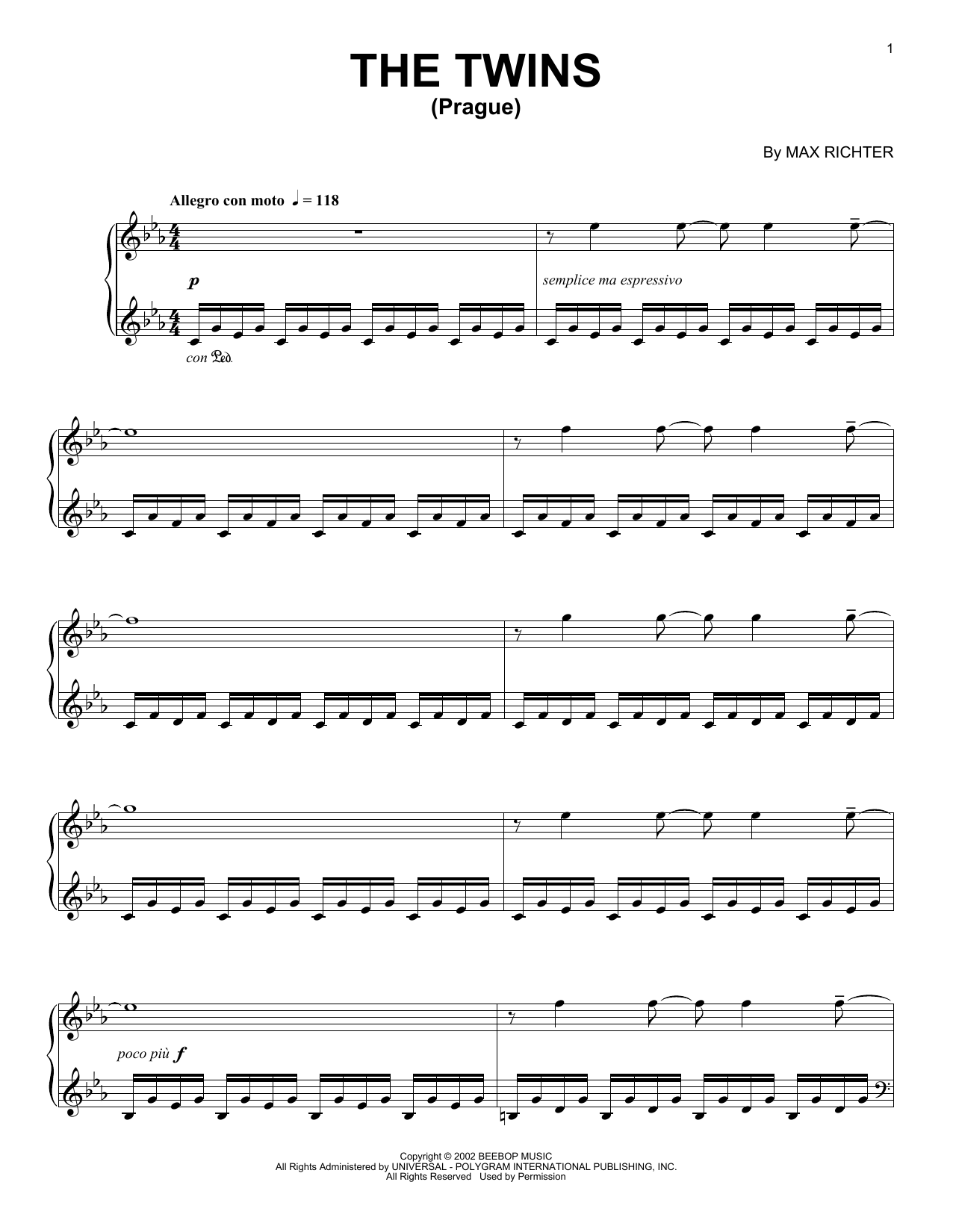 Max Richter The Twins (Prague) sheet music notes and chords arranged for Piano Solo