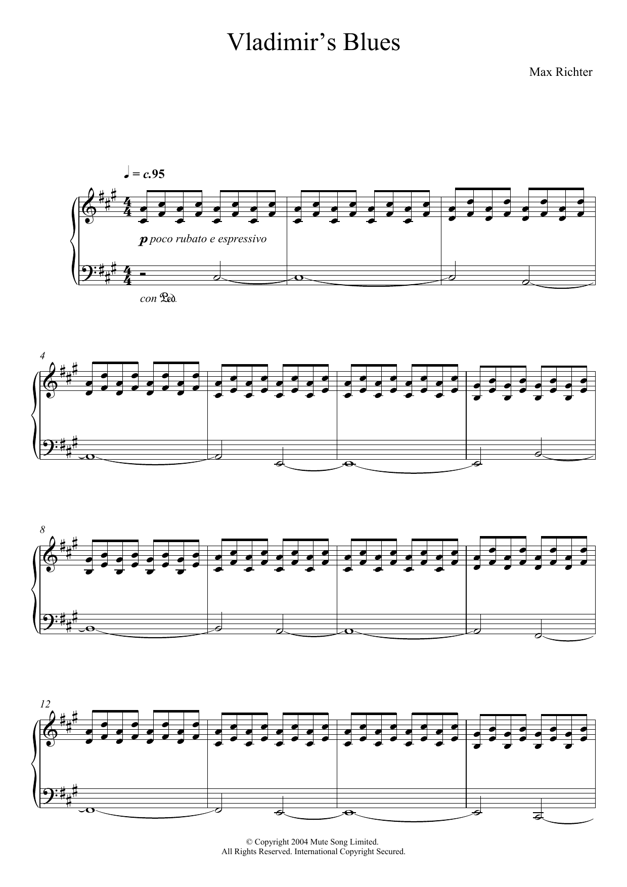 Max Richter Vladimir's Blues sheet music notes and chords arranged for Piano Solo