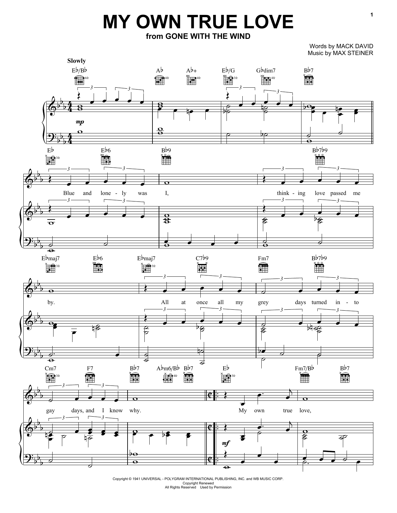 Max Steiner My Own True Love sheet music notes and chords arranged for Harp