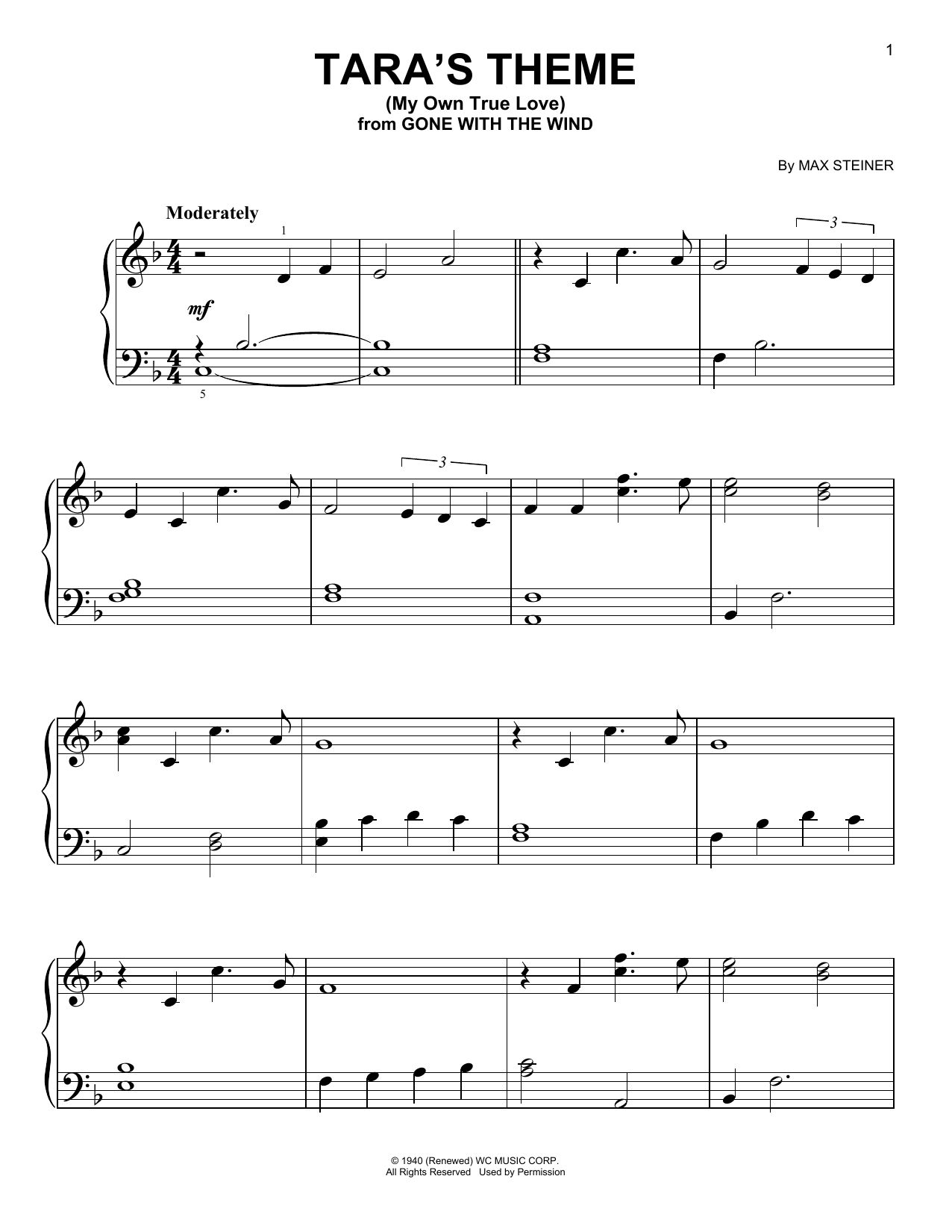 Max Steiner Tara's Theme (My Own True Love) (from Gone With The Wind) sheet music notes and chords arranged for Very Easy Piano