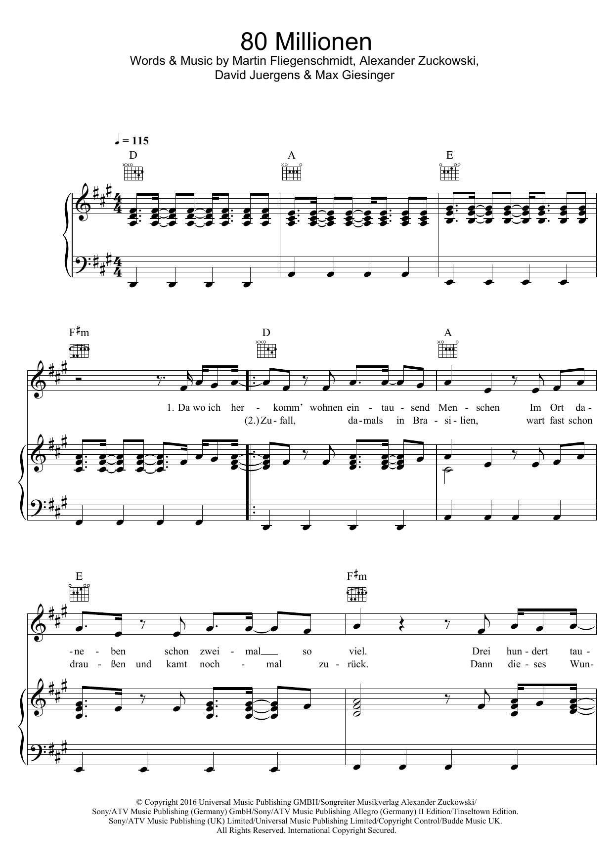 Max Giesinger 80 Millionen sheet music notes and chords arranged for Piano, Vocal & Guitar Chords (Right-Hand Melody)
