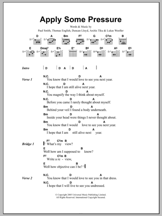Maximo Park Apply Some Pressure sheet music notes and chords arranged for Guitar Chords/Lyrics