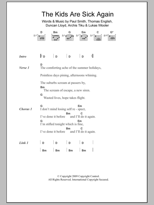 Maximo Park The Kids Are Sick Again sheet music notes and chords arranged for Guitar Chords/Lyrics