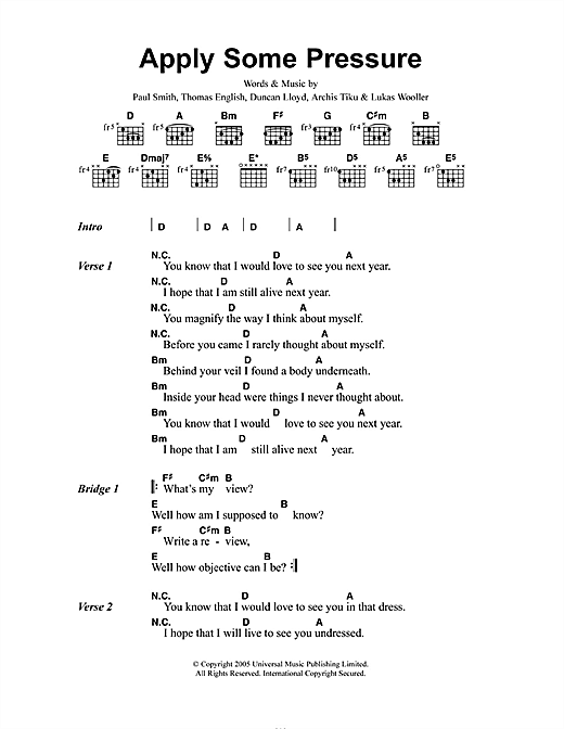 Maximo Park Apply Some Pressure sheet music notes and chords arranged for Guitar Chords/Lyrics