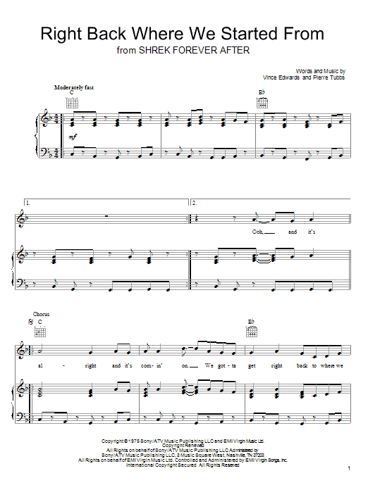 Maxine Nightingale Right Back Where We Started From sheet music notes and chords arranged for Piano, Vocal & Guitar Chords (Right-Hand Melody)