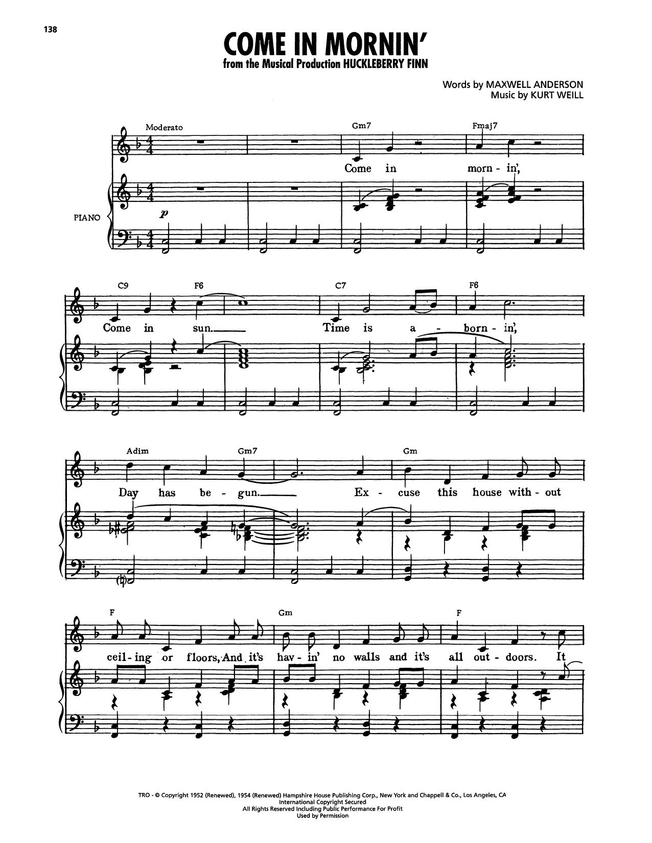 Maxwell Anderson Come In Mornin' (from Huckleberry Finn) sheet music notes and chords arranged for Piano, Vocal & Guitar Chords (Right-Hand Melody)