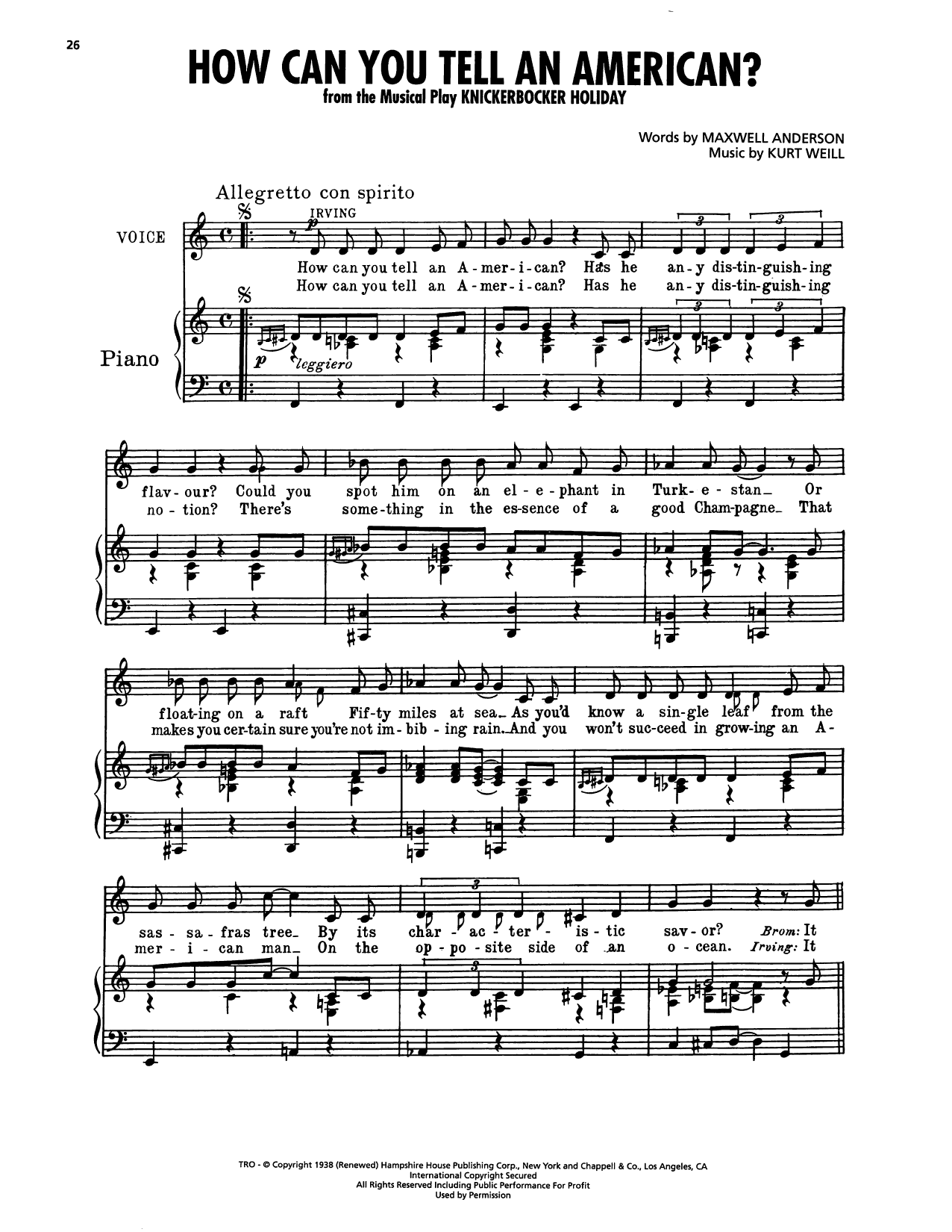 Maxwell Anderson How Can You Tell An American? (from Knickerbocker Holiday) sheet music notes and chords arranged for Piano, Vocal & Guitar Chords (Right-Hand Melody)