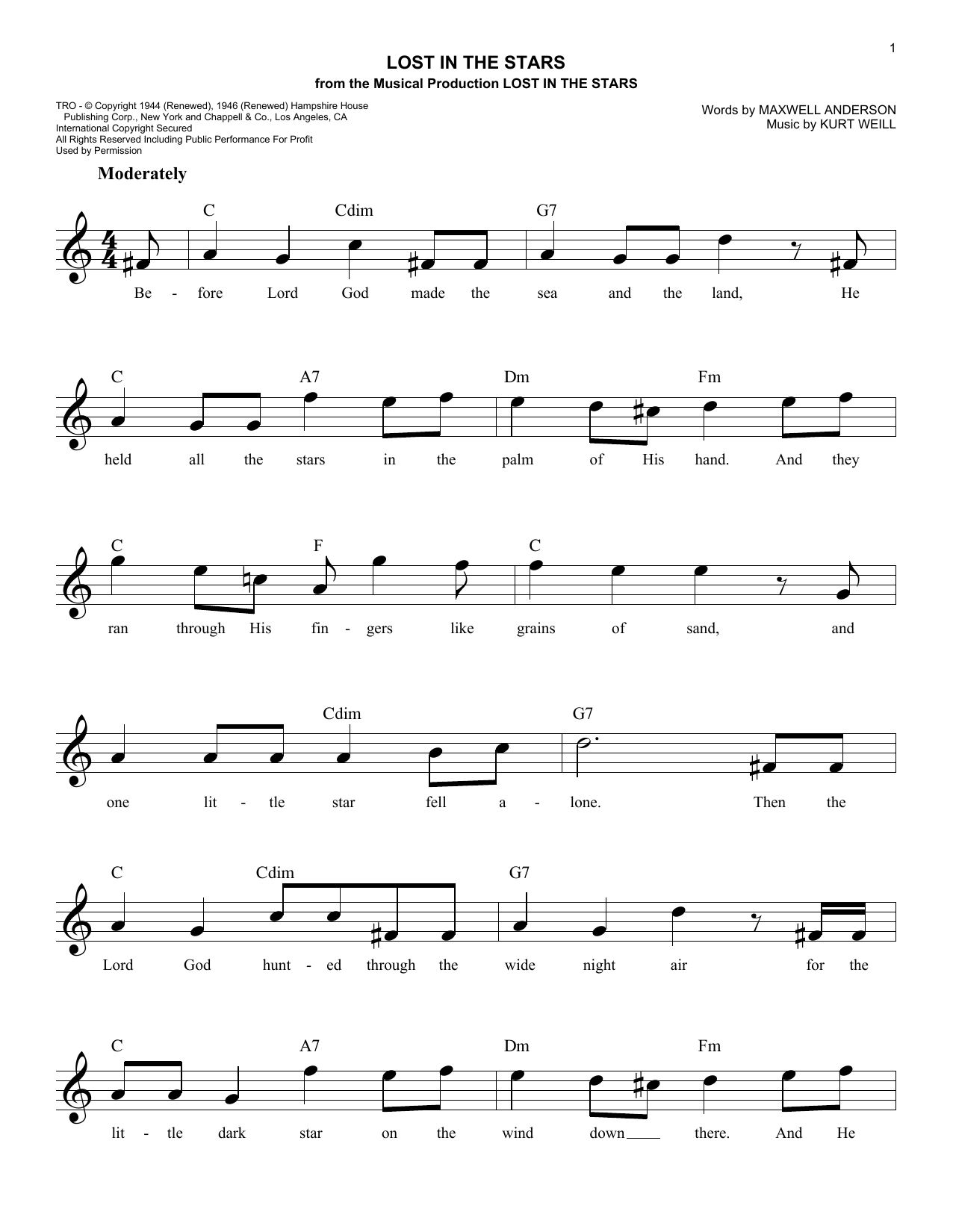 Maxwell Anderson Lost In The Stars sheet music notes and chords arranged for Real Book – Melody, Lyrics & Chords