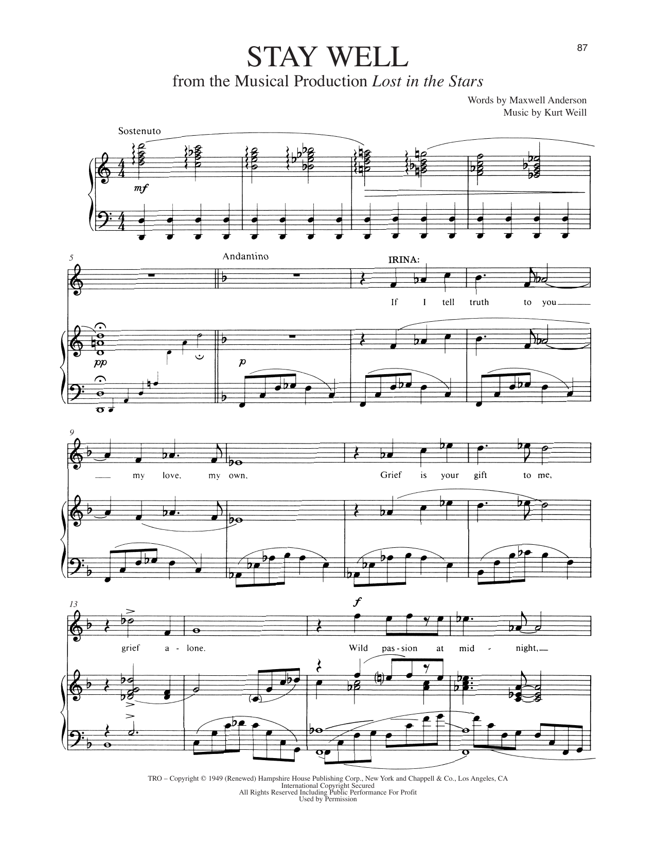 Maxwell Anderson Stay Well (from Lost In The Stars) sheet music notes and chords arranged for Piano & Vocal