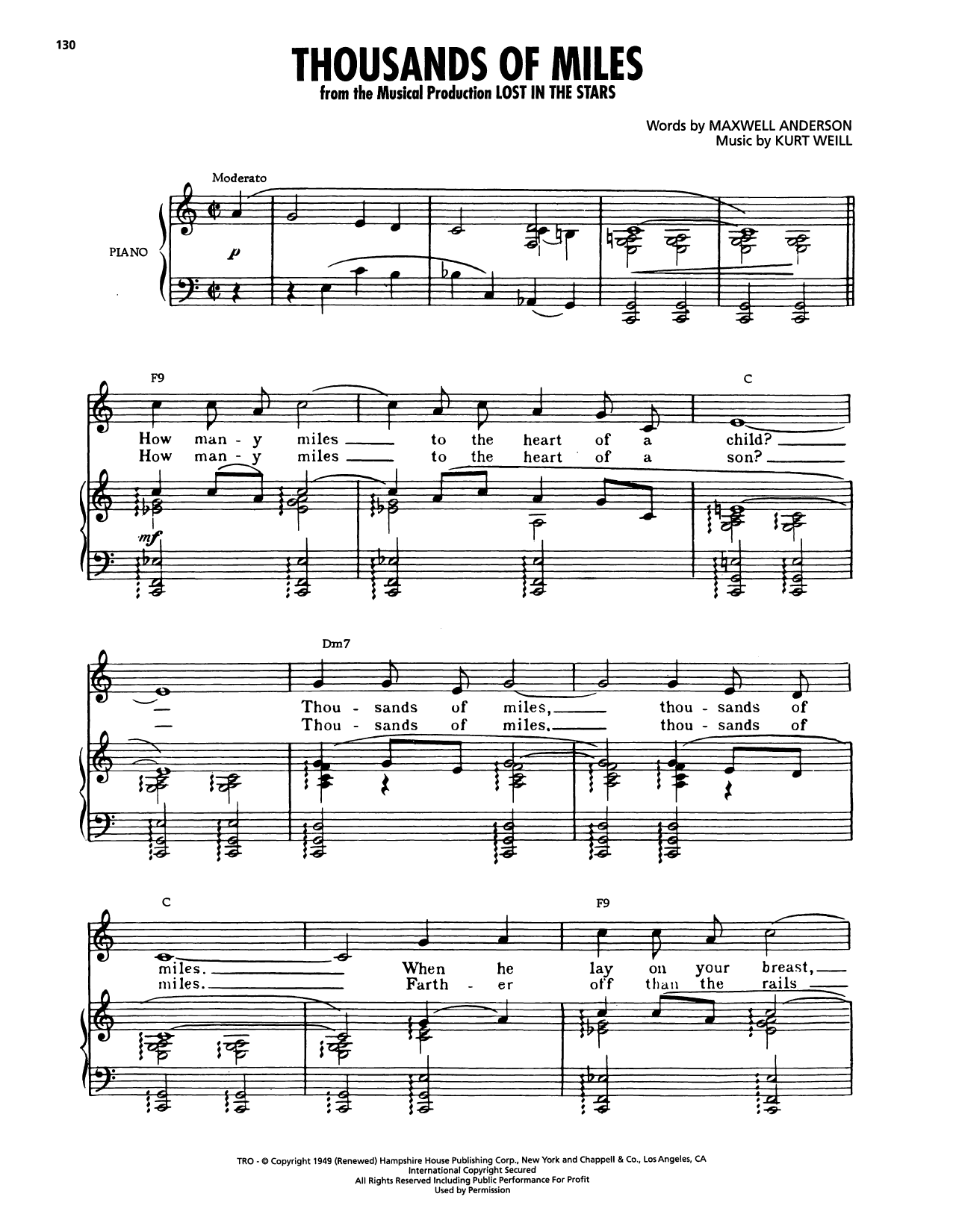 Maxwell Anderson Thousands Of Miles (from Lost In The Stars) sheet music notes and chords arranged for Piano, Vocal & Guitar Chords (Right-Hand Melody)