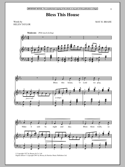 May H. Brahe Bless This House sheet music notes and chords arranged for Piano & Vocal