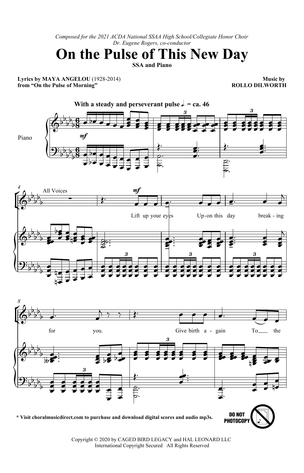 Maya Angelou and Rollo Dilworth On The Pulse Of This New Day sheet music notes and chords arranged for SSA Choir