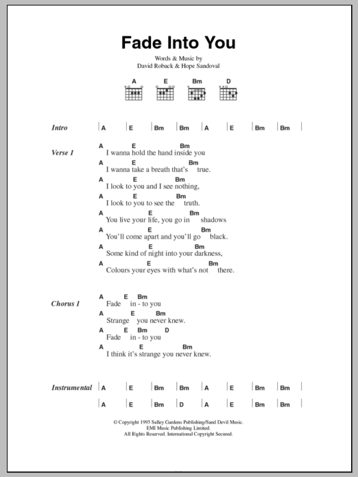Mazzy Star Fade Into You sheet music notes and chords arranged for Guitar Chords/Lyrics