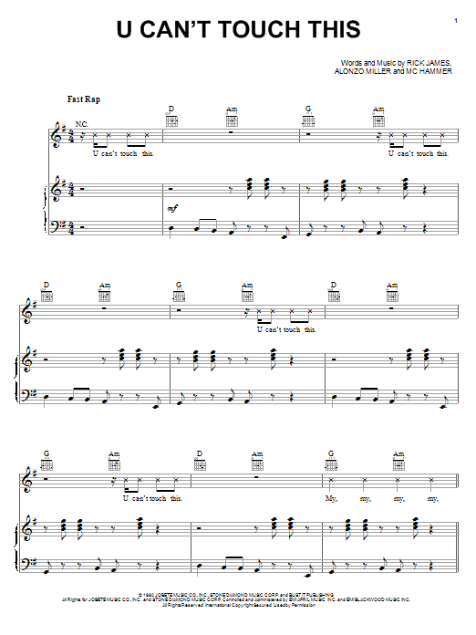 MC Hammer U Can't Touch This sheet music notes and chords arranged for Piano, Vocal & Guitar Chords (Right-Hand Melody)