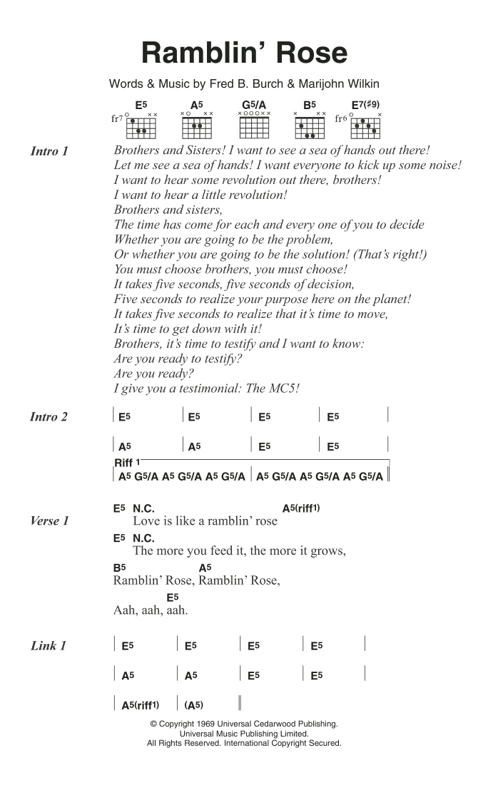 MC5 Ramblin' Rose sheet music notes and chords arranged for Guitar Chords/Lyrics