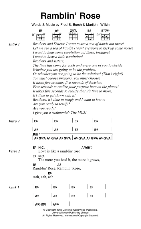 MC5 Ramblin' Rose sheet music notes and chords arranged for Guitar Chords/Lyrics