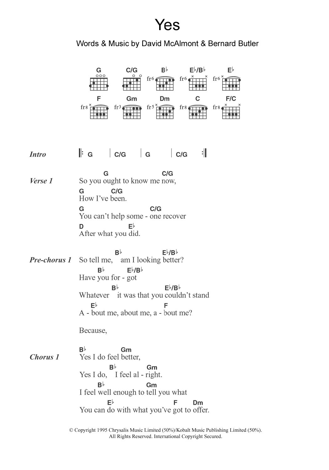 McAlmont & Butler Yes sheet music notes and chords arranged for Guitar Chords/Lyrics
