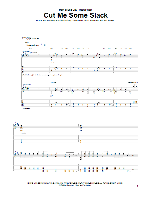 McCartney, Grohl, Novoselic, Smear Cut Me Some Slack sheet music notes and chords arranged for Piano, Vocal & Guitar Chords (Right-Hand Melody)