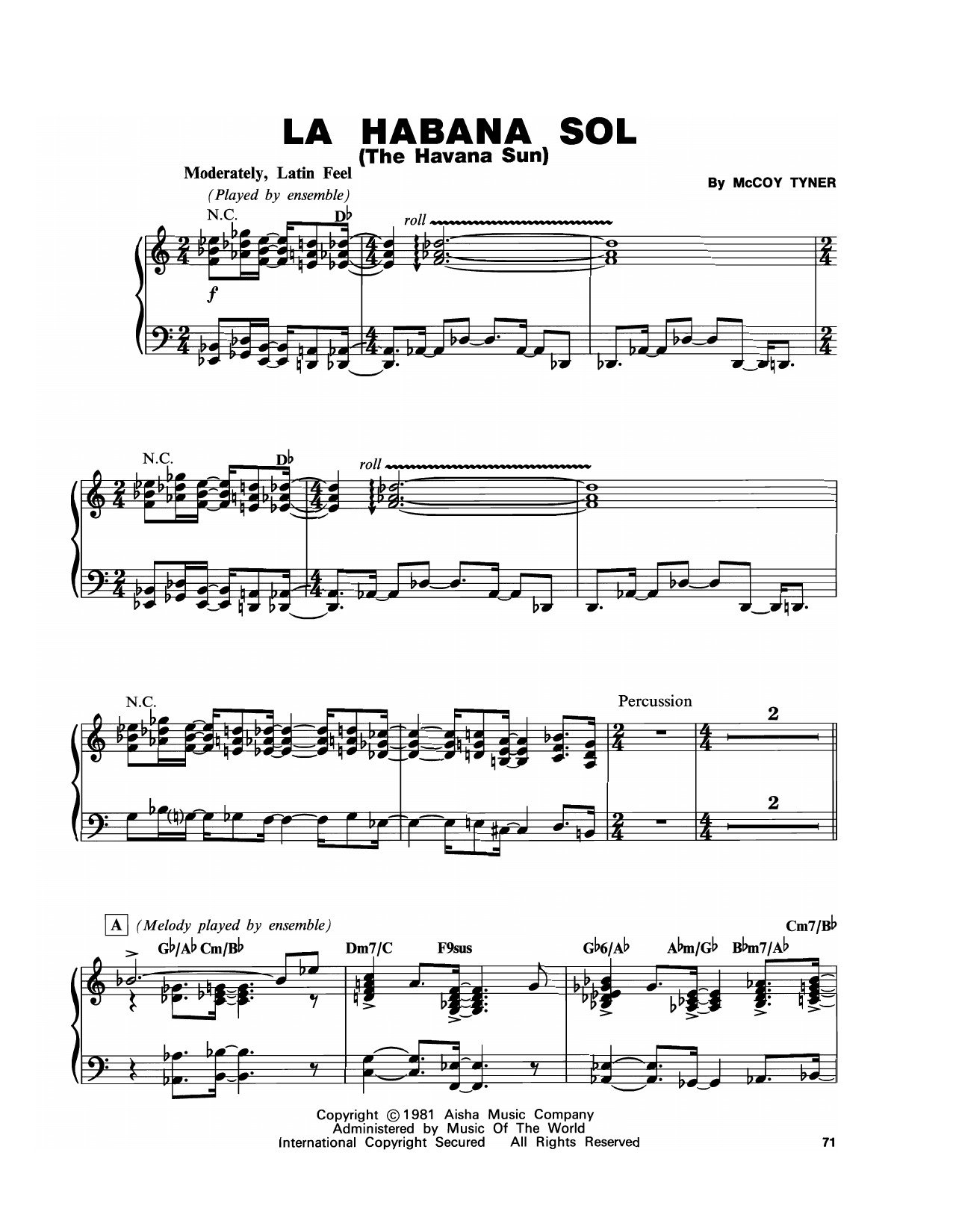 McCoy Tyner Havana Sol (La Habana Sol) sheet music notes and chords arranged for Piano Transcription