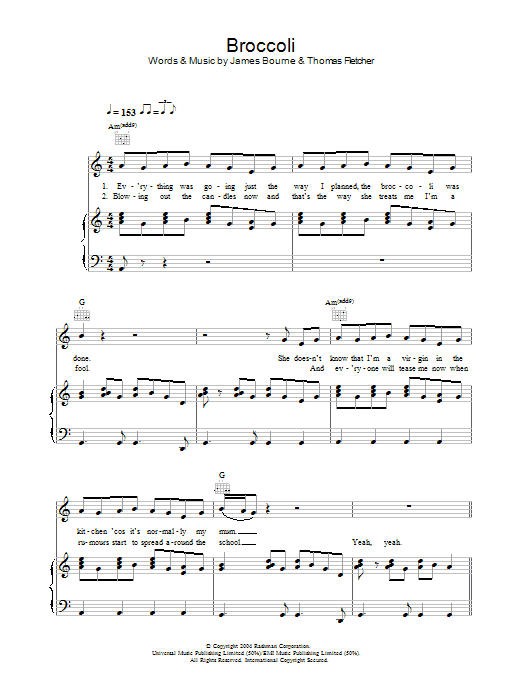 McFly Broccoli sheet music notes and chords arranged for Piano, Vocal & Guitar Chords