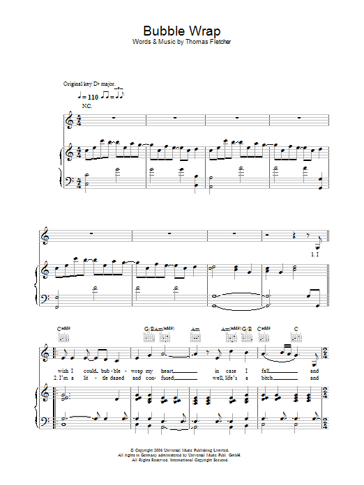McFly Bubble Wrap sheet music notes and chords arranged for Piano, Vocal & Guitar Chords