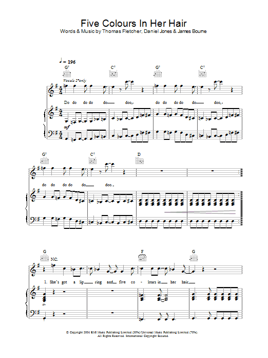 McFly Five Colours In Her Hair sheet music notes and chords arranged for Guitar Chords/Lyrics