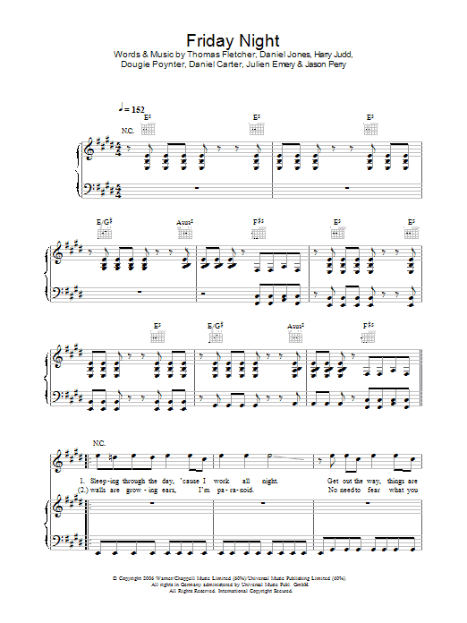 McFly Friday Night sheet music notes and chords arranged for Piano, Vocal & Guitar Chords