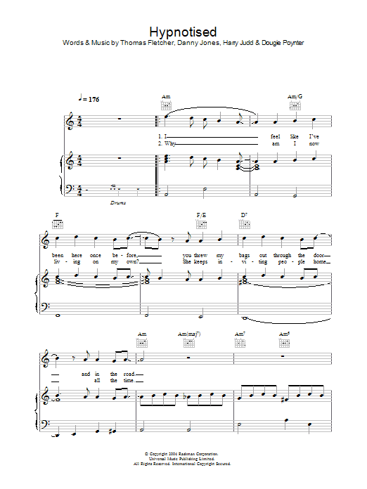 McFly Hypnotised sheet music notes and chords arranged for Piano, Vocal & Guitar Chords